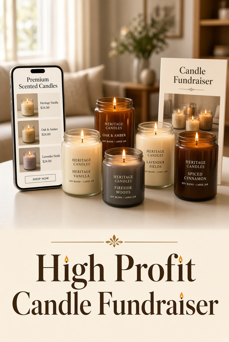 Assorted scented candles on a table beside a phone displaying a candle catalog and a 'Candle Fundraiser' sign.
