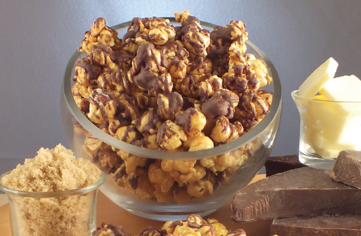 A bowl of Chocolate Delight popcorn, a chocolate lover’s dream flavor.