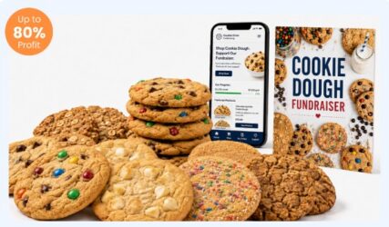 Assorted cookies stacked and laid out with a smartphone showing a fundraiser app and a 'Cookie Dough Fundraiser' poster in the background, plus an 'Up to 80% Profit' badge.