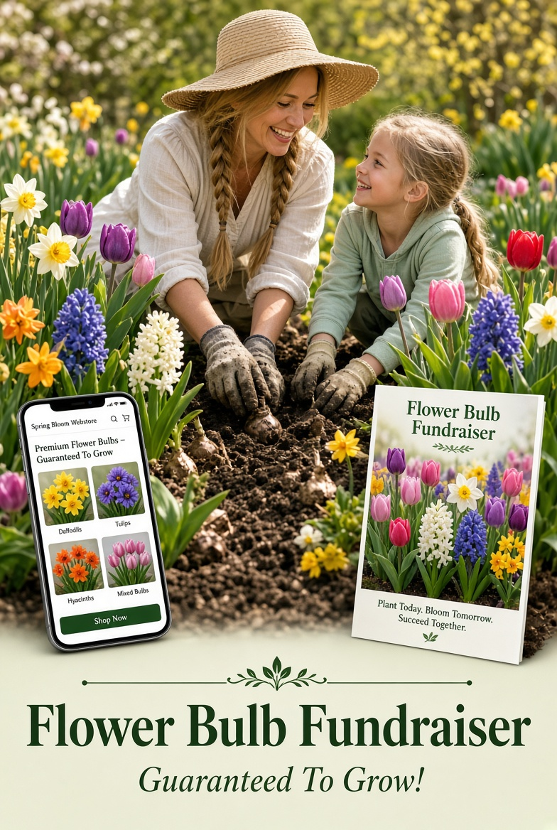 A woman and a girl gardening together in a flower bed, with a 'Flower Bulb Fundraiser' sign and a smartphone showing a bulb shop.