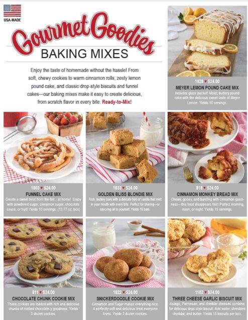 Gourmet Goodies baking mixes collage showing six product tiles with photos and prices on a grid.