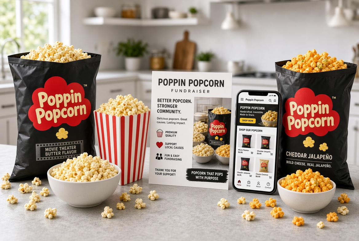 Poppin Popcorn fundraiser display with two black bags, striped popcorn tub, bowls of popcorn, a promotional flyer, and a smartphone showing the store page on a kitchen counter.