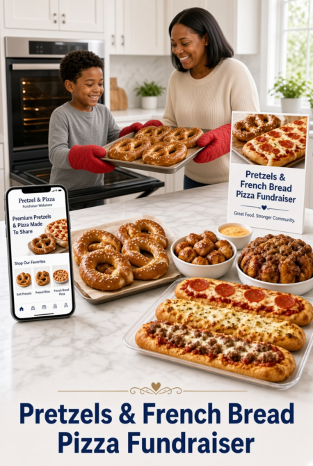 Mother and child in a bright kitchen hand a tray of pretzels for a Pretzels & French Bread Pizza Fundraiser, smiling at the task.