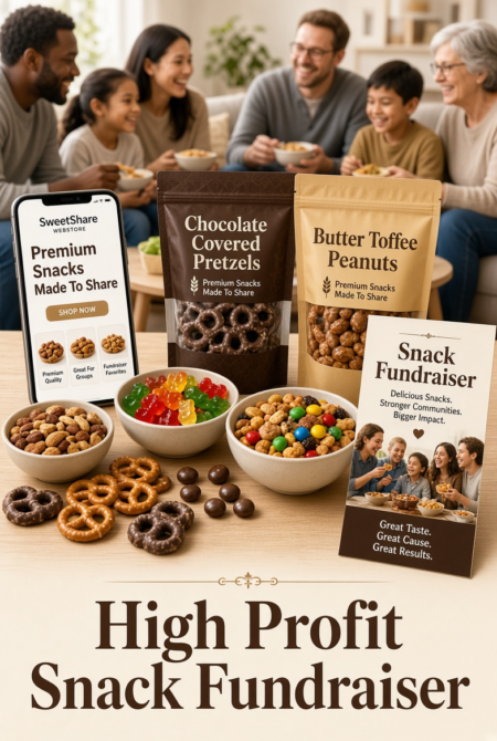 Family group gathered around a table showcasing snack bags and bowls for a high-profit snack fundraiser.