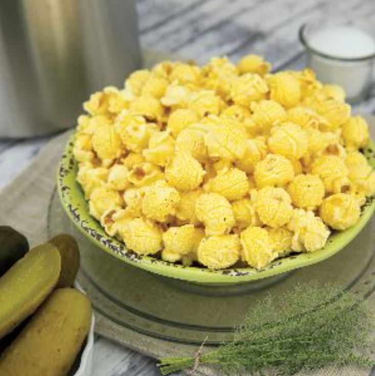 A bowl of Dill Pickle popcorn, a popcorn fundraiser flavor that will satisfy all pickle lovers.