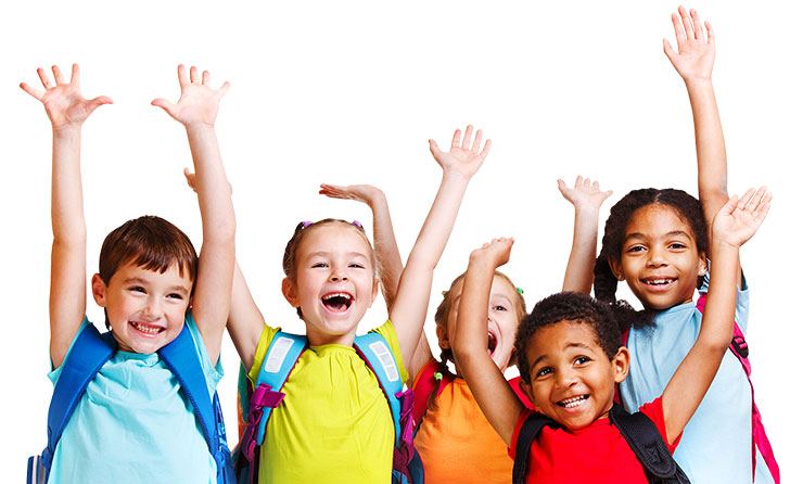 A group of kids with their hands in the air, excited to participate in a cookie dough fundraiser.